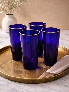 Vintage Cobalt Blue Glass Tumbler Set with Gold Rim 20K- 4 Pack